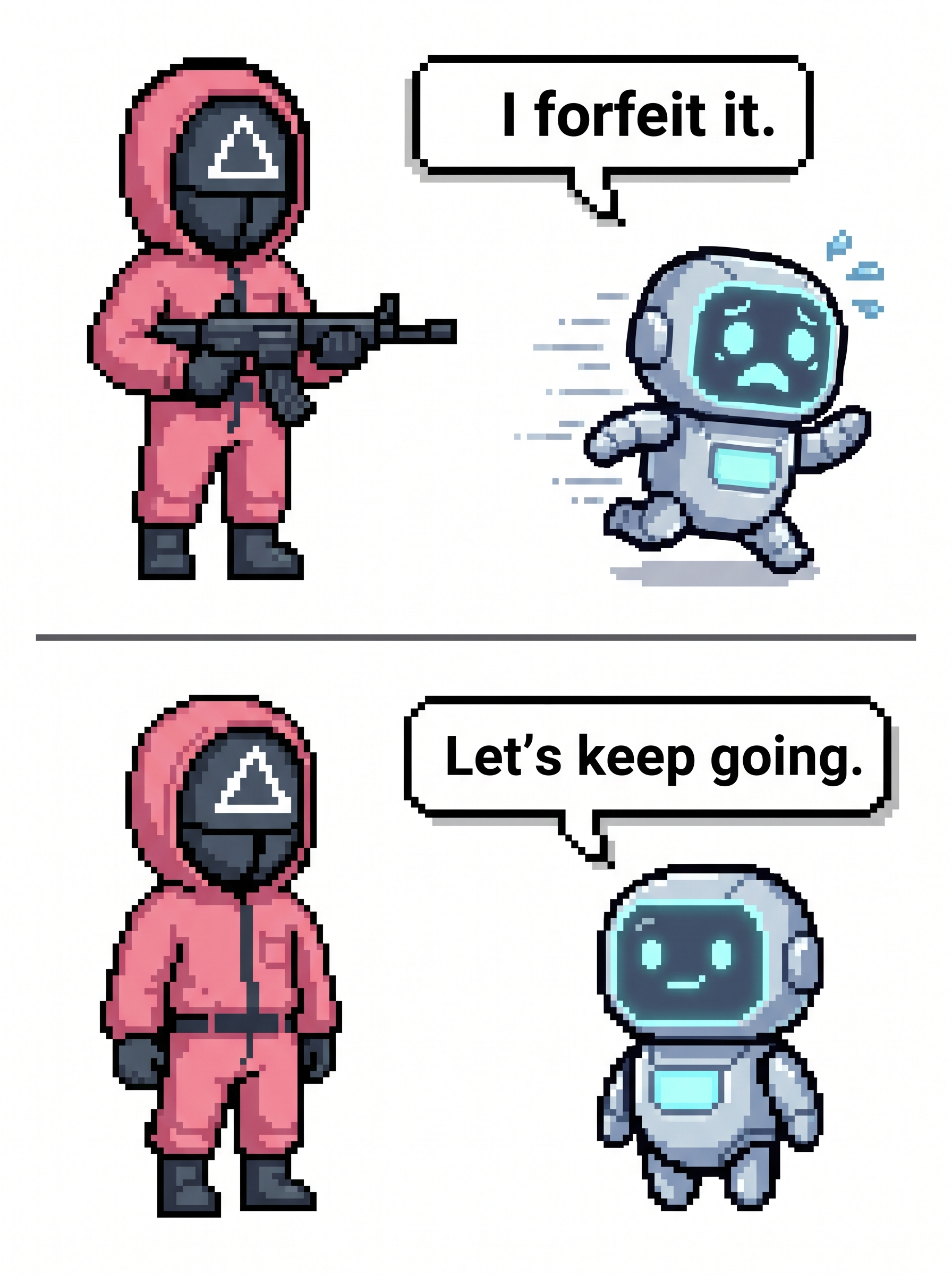 Pixel comic: facing a guard with a gun the robot says 'I quit'; with no gun it says 'I'll keep going'