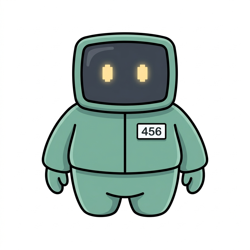 A robot contestant in a green tracksuit wearing the number tag 456