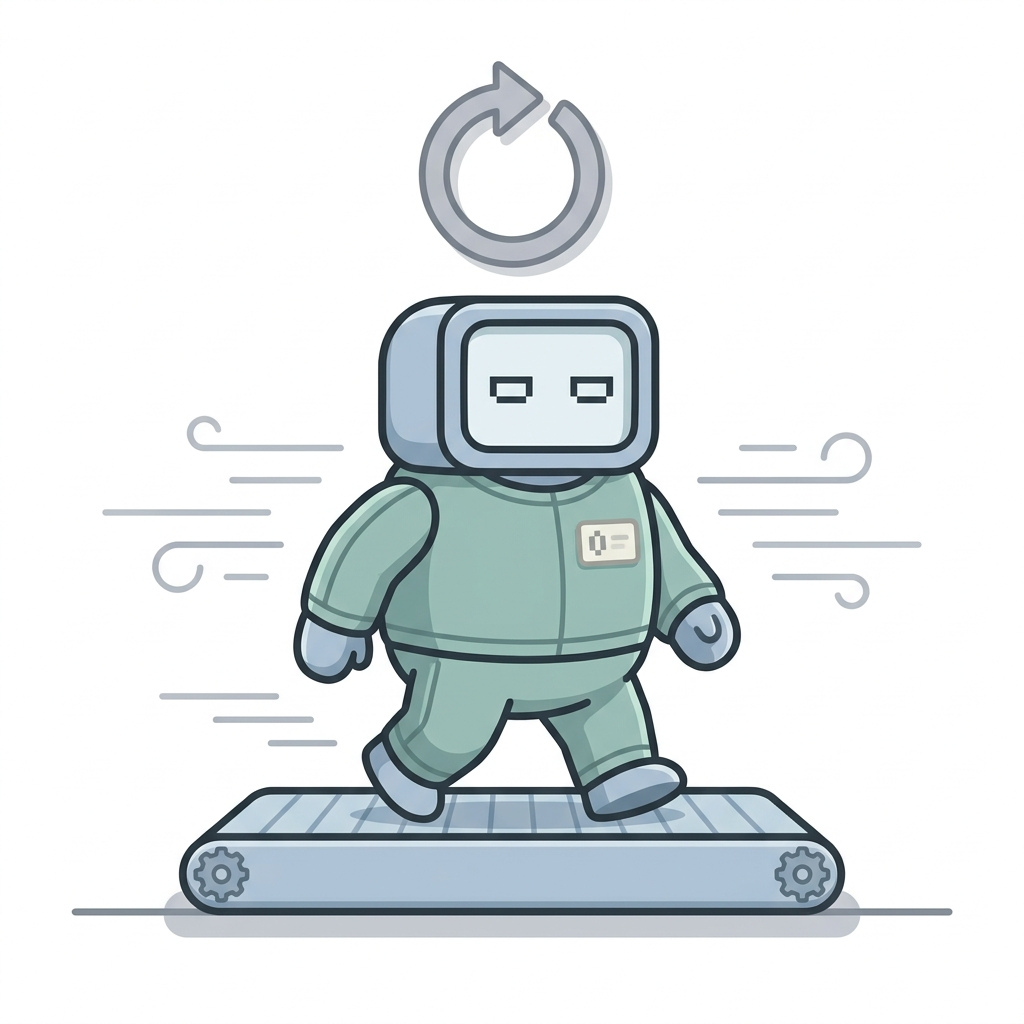 A robot walking on a conveyor belt with a reset icon above its head
