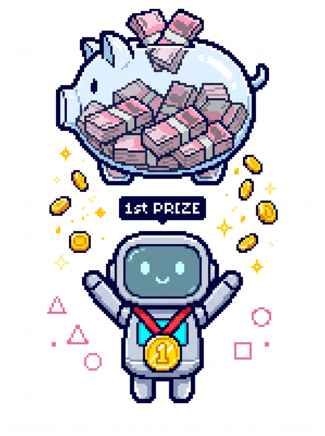 1st prize — a glass piggy bank of prize money and a medal-winning contestant